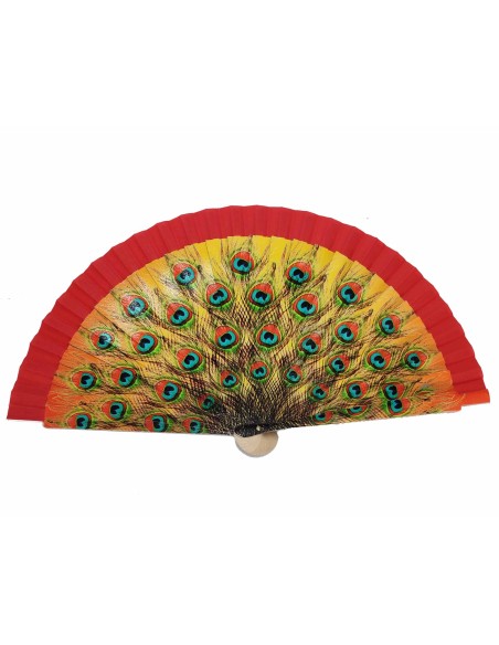 Abanico madera con caja "Pavo real" rojo