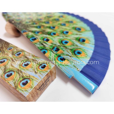 Abanico madera con caja "Pavo real" azul 2