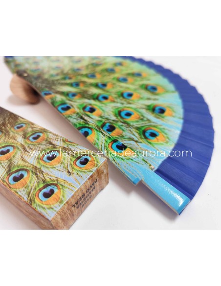 Abanico madera con caja "Pavo real" azul