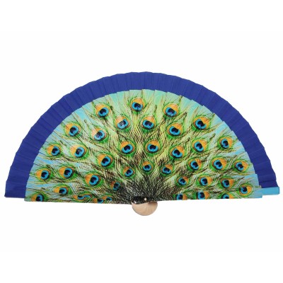 Abanico madera con caja "Pavo real" azul