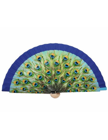 Abanico madera con caja "Pavo real" azul
