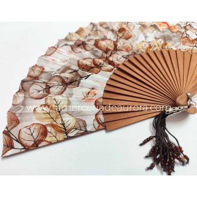 Abanico de madera natural, tela y abalorios "Hojas Marrón" 2