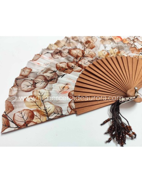 Abanico de madera natural, tela y abalorios "Hojas Marrón"