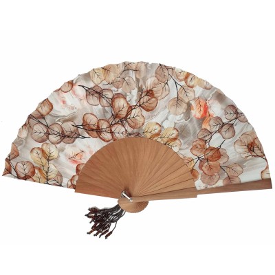 Abanico de madera natural, tela y abalorios "Hojas Marrón"