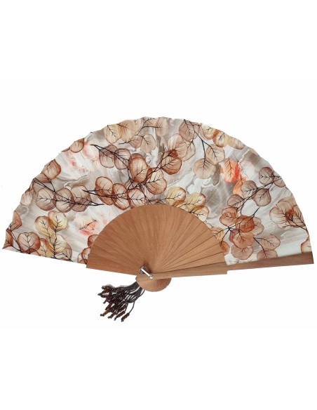 Abanico de madera natural, tela y abalorios "Hojas Marrón"