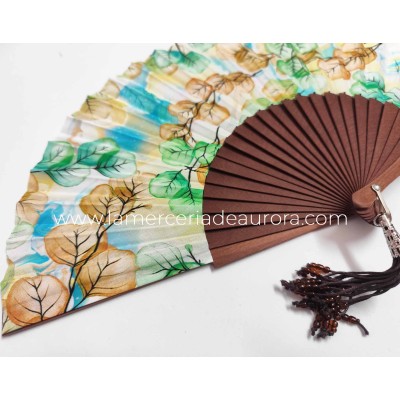 Abanico de madera natural, tela y abalorios "Hojas Verde" 2