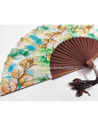 Abanico de madera natural, tela y abalorios "Hojas Verde"