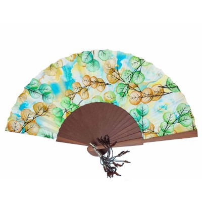 Abanico de madera natural, tela y abalorios "Hojas Verde"