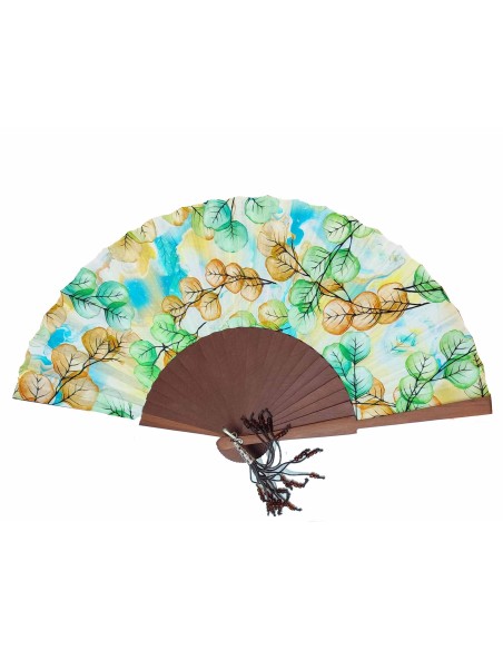 Abanico de madera natural, tela y abalorios "Hojas Verde"