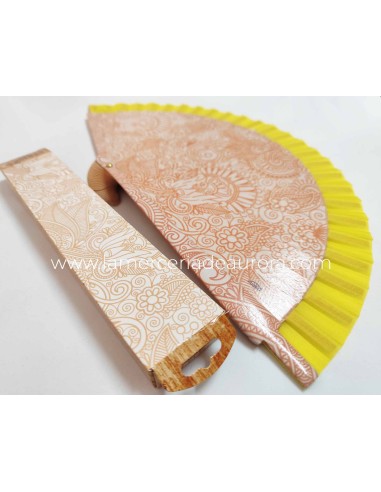 Abanico de madera "Mandalas" - AMARILLO