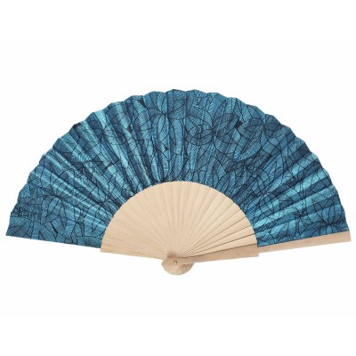 Abanico madera de abedul y tela "Pétalos" azul