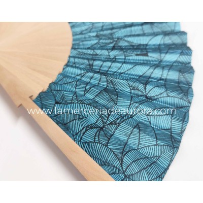 Abanico madera de abedul y tela "Pétalos" azul 2