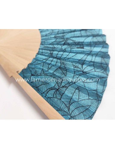 Abanico madera de abedul y tela "Pétalos" azul