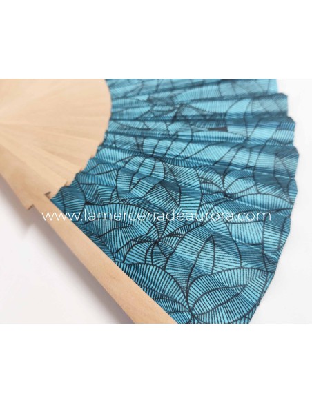 Abanico madera de abedul y tela "Pétalos" azul