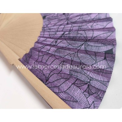 Abanico madera de abedul y tela "Pétalos" malva 2