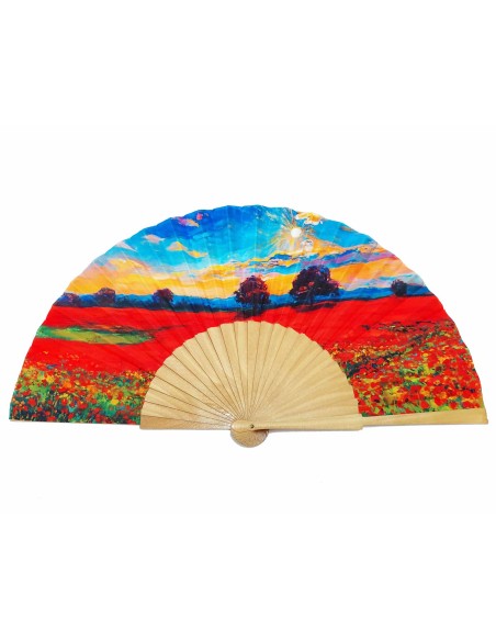 Abanico madera y tela "Campo de amapolas"