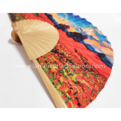 Abanico madera y tela "Campo de amapolas" 2