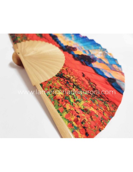 Abanico madera y tela "Campo de amapolas"