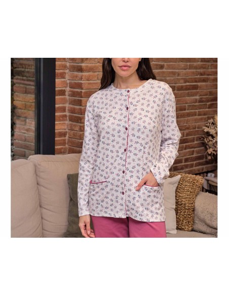 Pijama largo interlock abierto mujer "Ramilletes Violeta" de Muslher - DETALLE