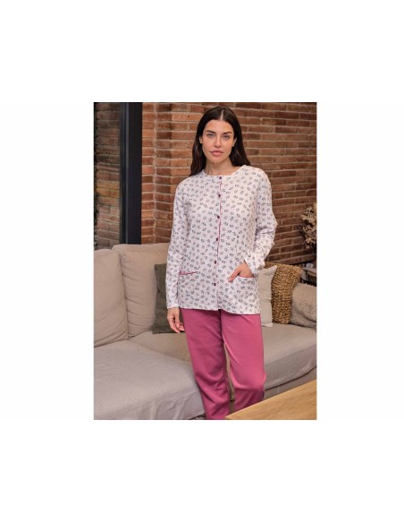 Pijama largo interlock abierto mujer "Ramilletes Violeta" de Muslher