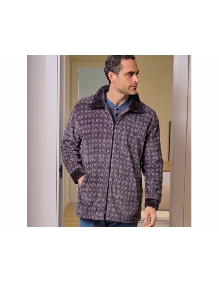 Bata corta hombre coralina cremallera "Gris cuadros azul" 259600CR de Muslher