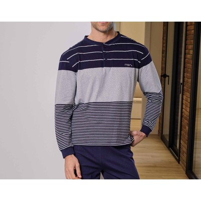 Pijama largo entretiempo hombre "Rayas marino gris" 5646 de Muslher 2