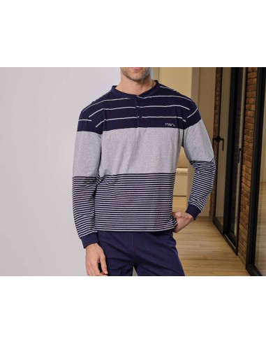 Pijama largo entretiempo hombre "Rayas marino gris" 5646 de Muslher - DETALLE