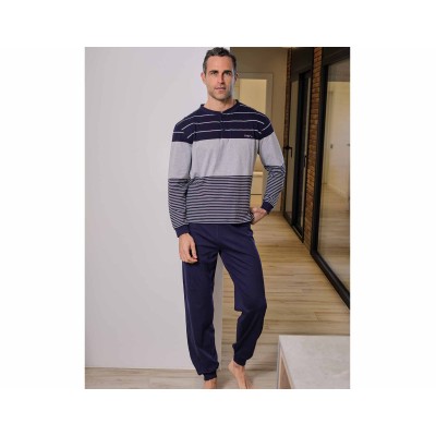 Pijama largo entretiempo hombre "Rayas marino gris" 5646 de Muslher