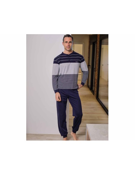 Pijama largo entretiempo hombre "Rayas marino gris" 5646 de Muslher