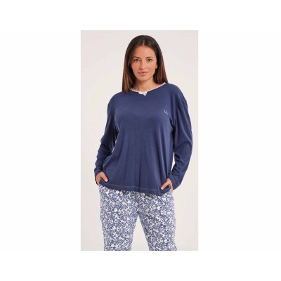 Pijama largo canalé+interlock mujer DA25W405 de Don Algodón