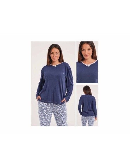 Pijama largo canalé+interlock mujer DA25W405 de Don Algodón