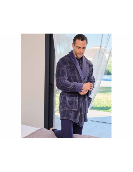 Bata corta hombre coralina cremallera "Cuadros azul y gris" 259605C de Muslher
