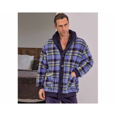 Bata corta hombre coralina-sherpa abotonada "Cuadros azul...