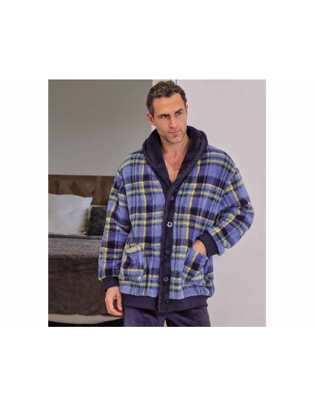 Bata corta hombre coralina-sherpa abotonada "Cuadros azul y amarillo" 9617 de Muslher
