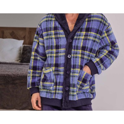 Bata corta hombre coralina-sherpa abotonada "Cuadros azul... 2