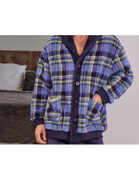 Bata corta hombre coralina-sherpa abotonada "Cuadros azul y amarillo" 9617 de Muslher