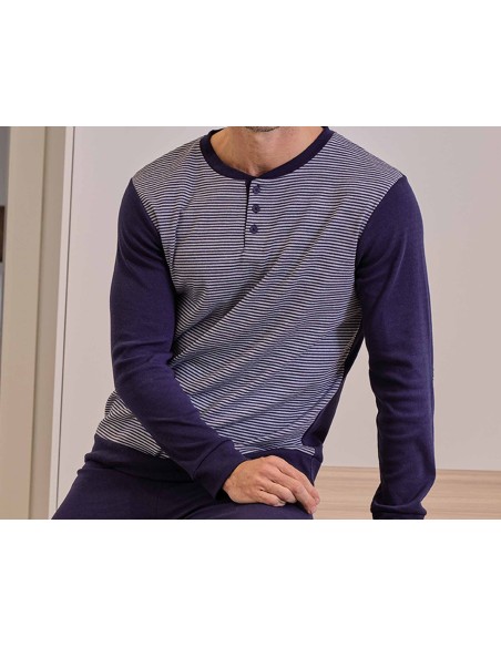 Pijama largo hombre interlock "Rayas finas marino" 5689 de Muslher - DETALLE