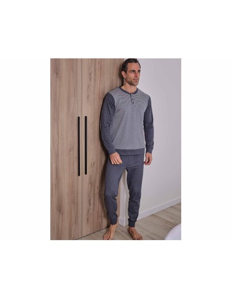 Pijama largo hombre interlock "Rayas finas antracita" 5689 de Muslher