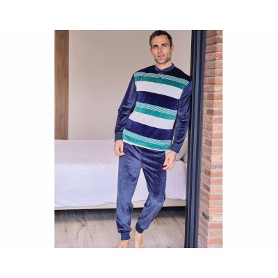 Pijama invierno hombre terciopelo "Rayas marino, verde y...