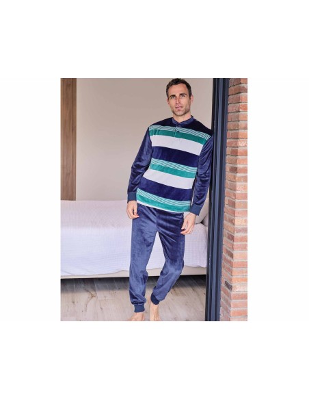 Pijama invierno hombre terciopelo "Rayas marino, verde y gris" 5674 de Muslher