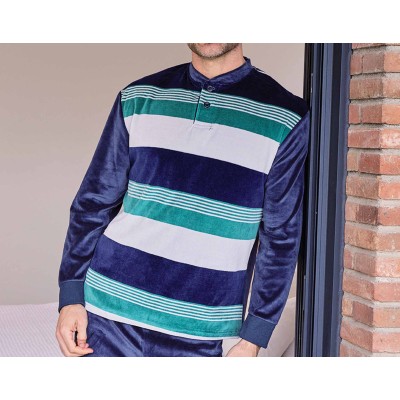 Pijama invierno hombre terciopelo "Rayas marino, verde y... 2