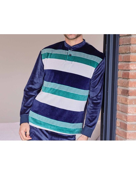 Pijama invierno hombre terciopelo "Rayas marino, verde y gris" 5674 de Muslher
