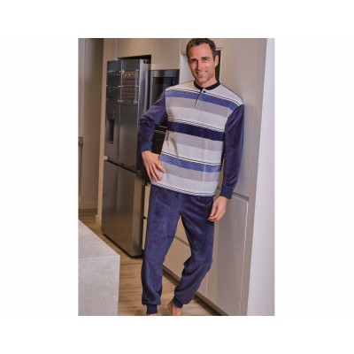 Pijama invierno hombre terciopelo "Rayas marino y grises" 5683 de Muslher