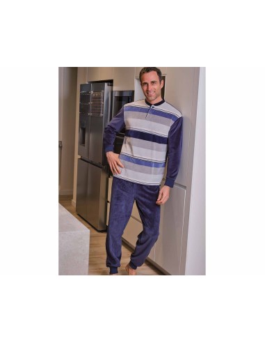 Pijama invierno hombre terciopelo "Rayas marino y grises" 5683 de Muslher