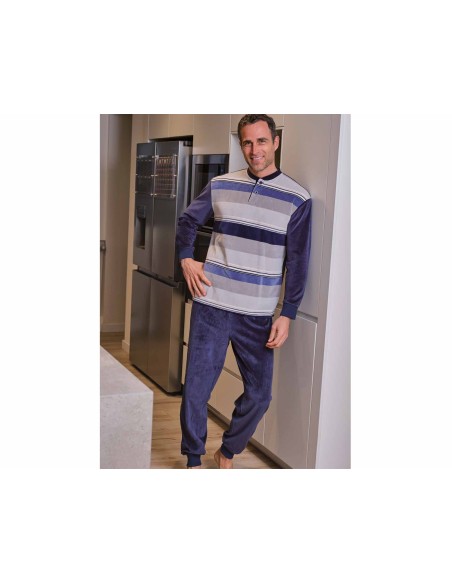Pijama invierno hombre terciopelo "Rayas marino y grises" 5683 de Muslher