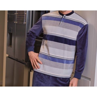 Pijama invierno hombre terciopelo "Rayas marino y grises" 5683 de Muslher 2