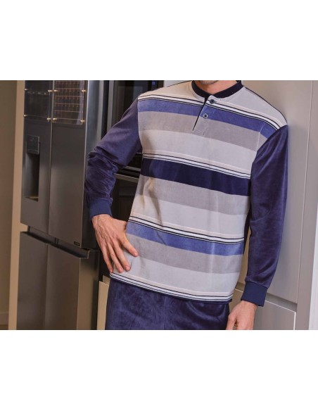Pijama invierno hombre terciopelo "Rayas marino y grises" 5683 de Muslher - DETALLE