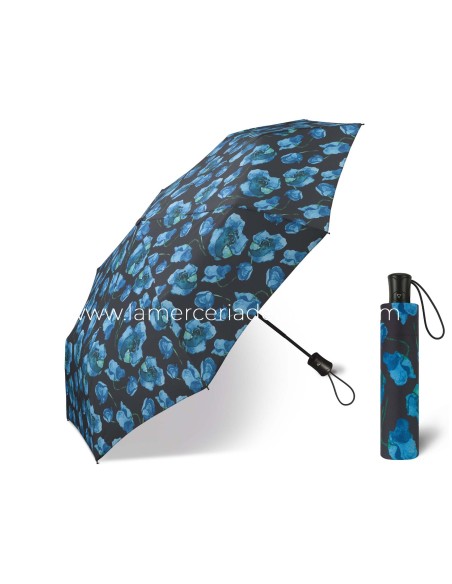 Paraguas plegable apertura automática "Flores azules fondo negro" de Happy Rain