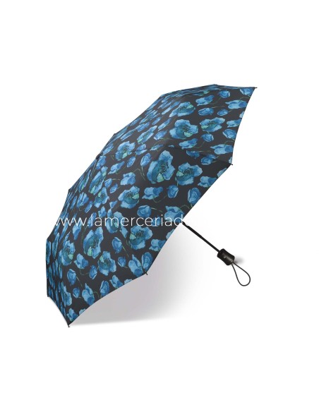 Paraguas plegable apertura automática "Flores azules fondo negro" de Happy Rain