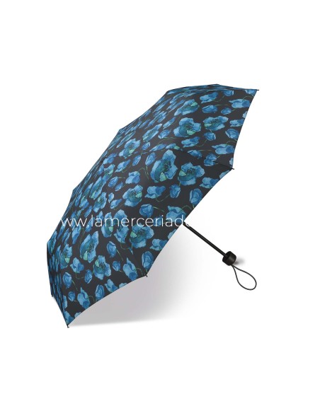 Paraguas plegable apertura manual "Flores azules fondo negro" de Happy Rain